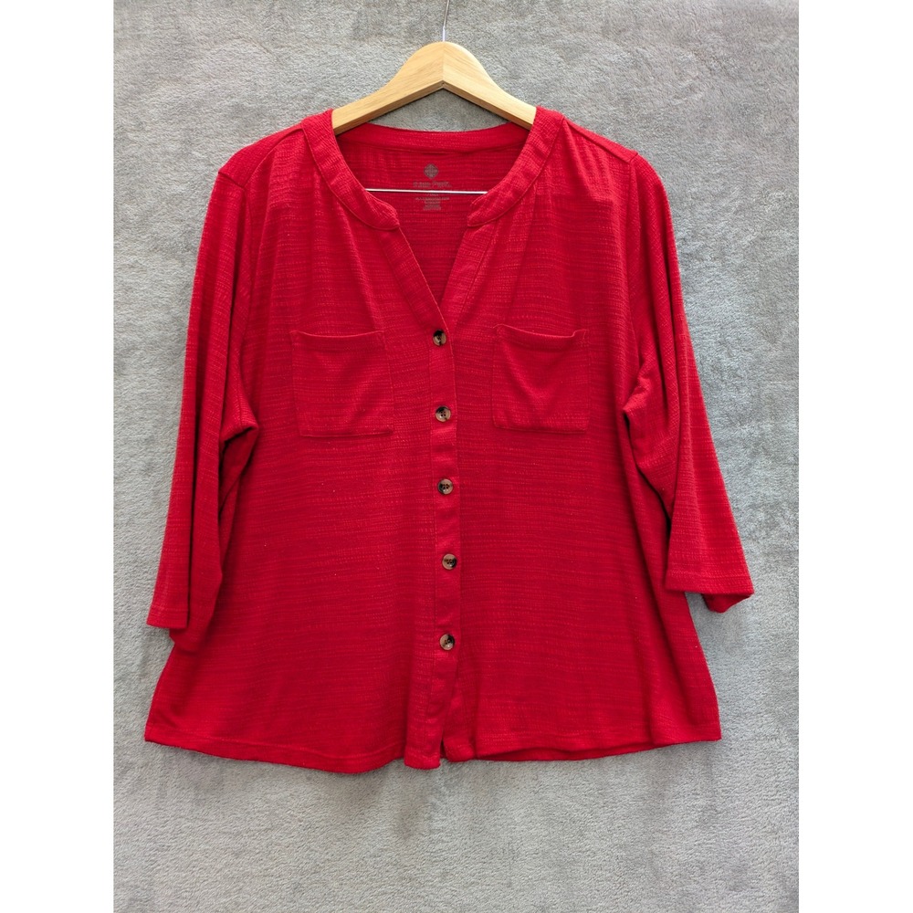 Classic Button Down Top Womens PXL Red Textured 3/4 Sleeve Pockets